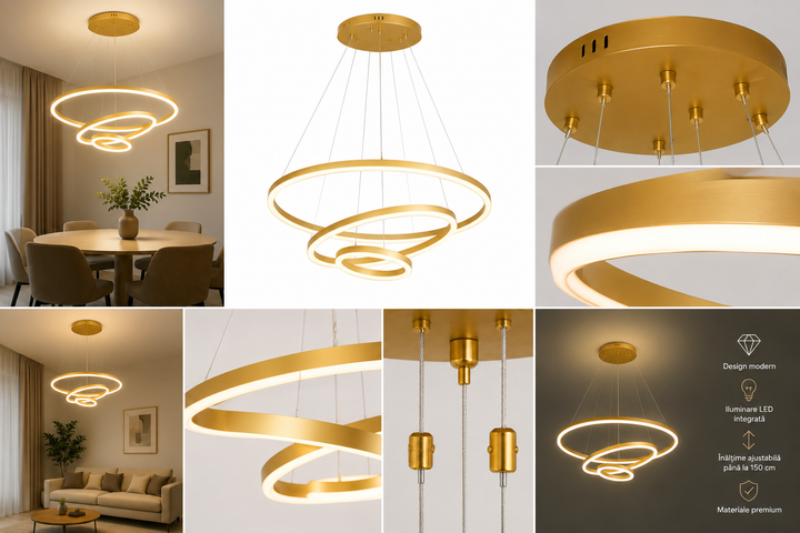 Pendul LED cu 3 cercuri suspendate, 140W, Ø600×H1500 mm, lumină reglabilă 3000K–6500K, telecomandă inclusă, finisaj GD