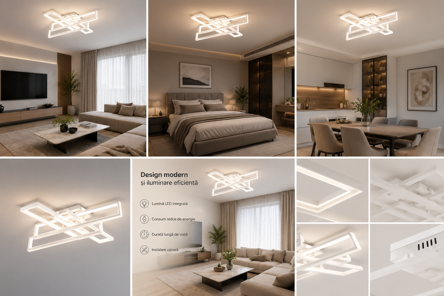 Lustra LED cu telecomanda, 192W, Lumina Reglabila 3000-6500K, Design Geometric, Alb, Model L77283/2+2