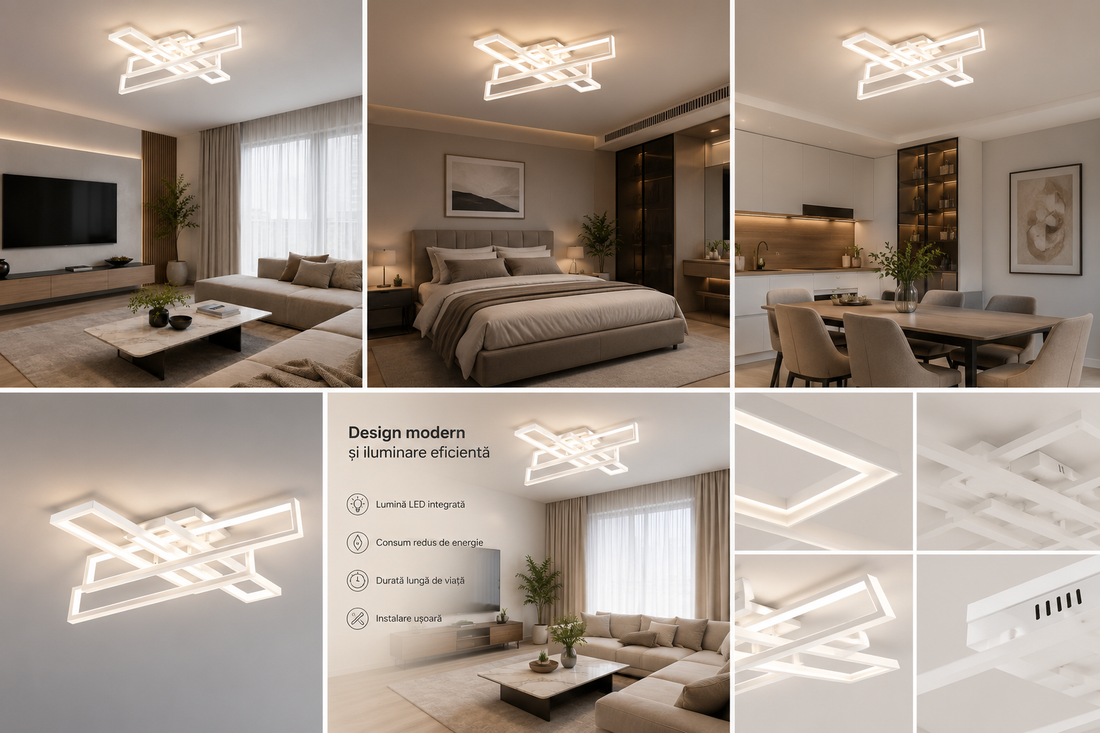 Lustra LED cu telecomanda, 192W, Lumina Reglabila 3000-6500K, Design Geometric, Alb, Model L77283/2+2