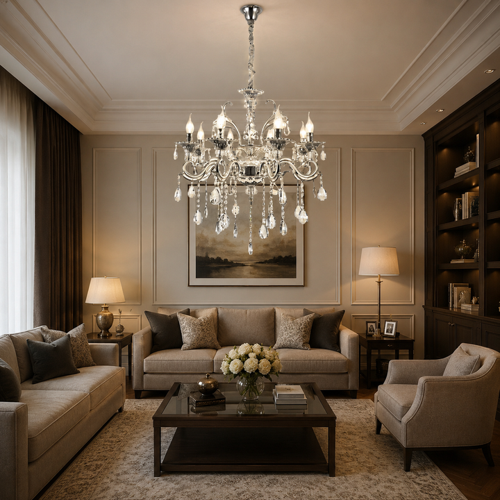 Candelabru Clasic Transparent, 8×E14, Ø71 cm, Stil Nobil și Cristale Decorative