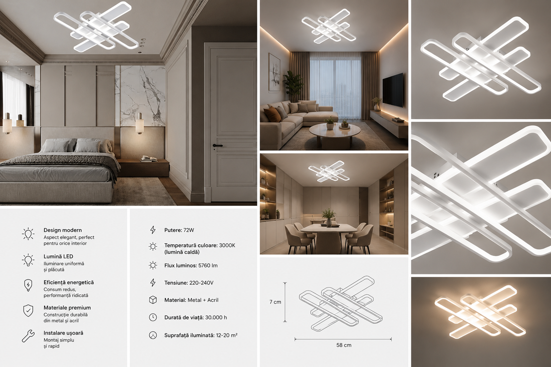 Lustra LED pătrata cu telecomanda, 128 W, 560×560 mm, temperatură reglabilă 2800–6500 K – model 8753/4WH