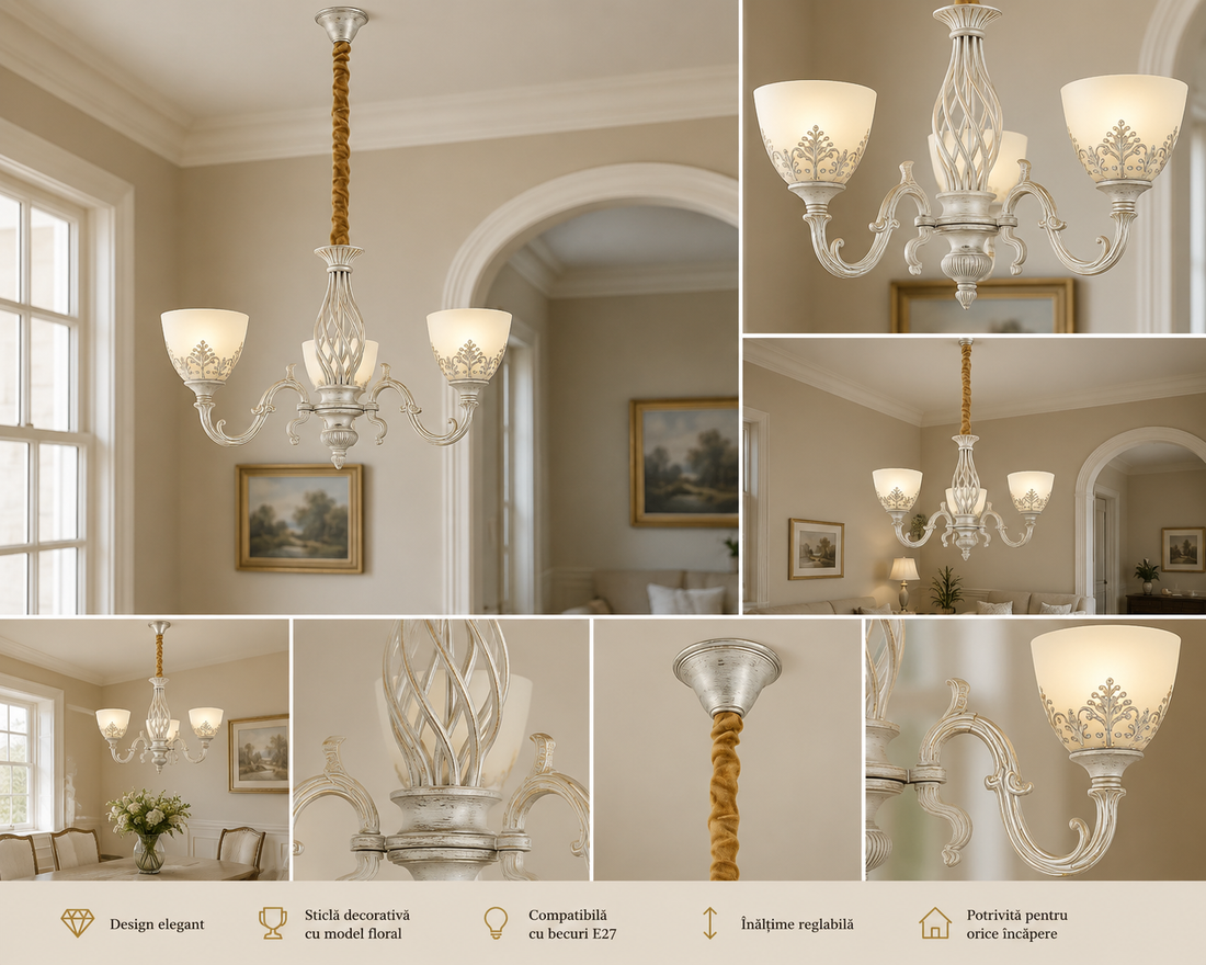 Candelabru vintage cu 3 brațe, E27 max. 60W, Ø550×H550 mm, finisaj alb antichizat (WH), design ornamental cu abajururi mate