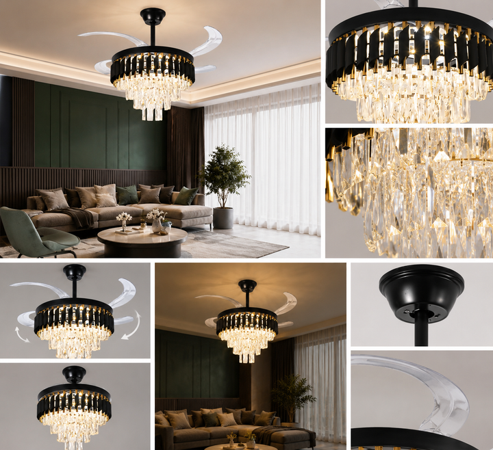 Candelabru cu Ventilator LED și Telecomandă – F9001/500 BK+GD, 96W