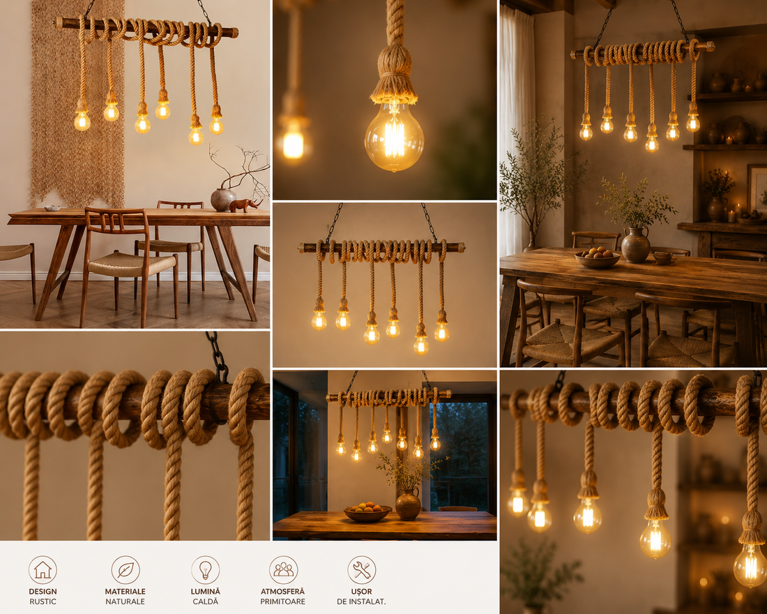 Pendul rustic cu 10 becuri, Ø1000×H500 mm, E27 max 60W, JD-100