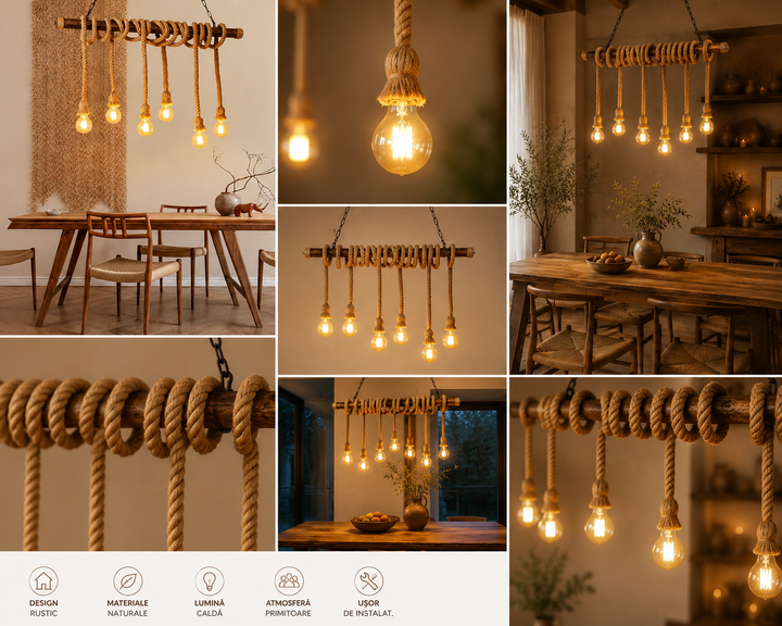 Pendul rustic cu 10 becuri, Ø1000×H500 mm, E27 max 60W, JD-100