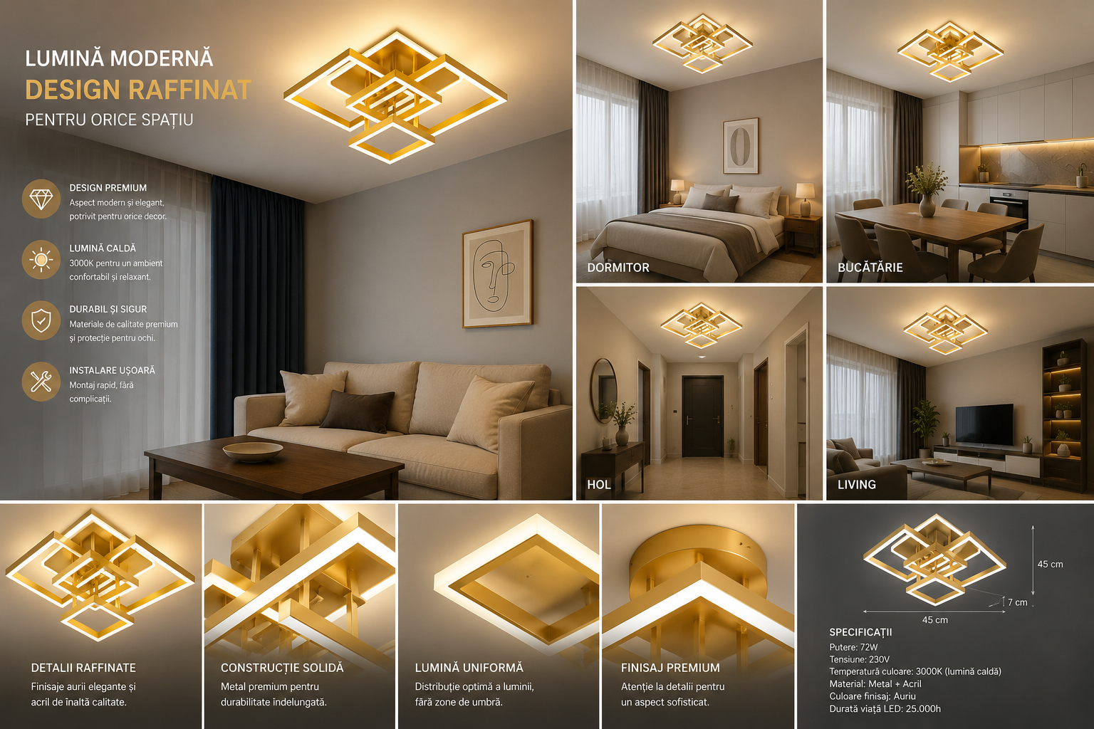 Lustra LED dreptunghiulara cu telecomanda, 2x99W, lumină reglabila 3000K–6500K, 700×470×200 mm, Auriu