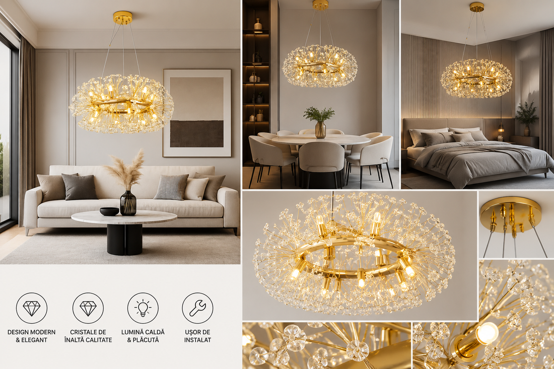 Candelabru cu led Suspendat Auriu cu Cristale – Ø600 mm, 12xG9, Design Luxos
