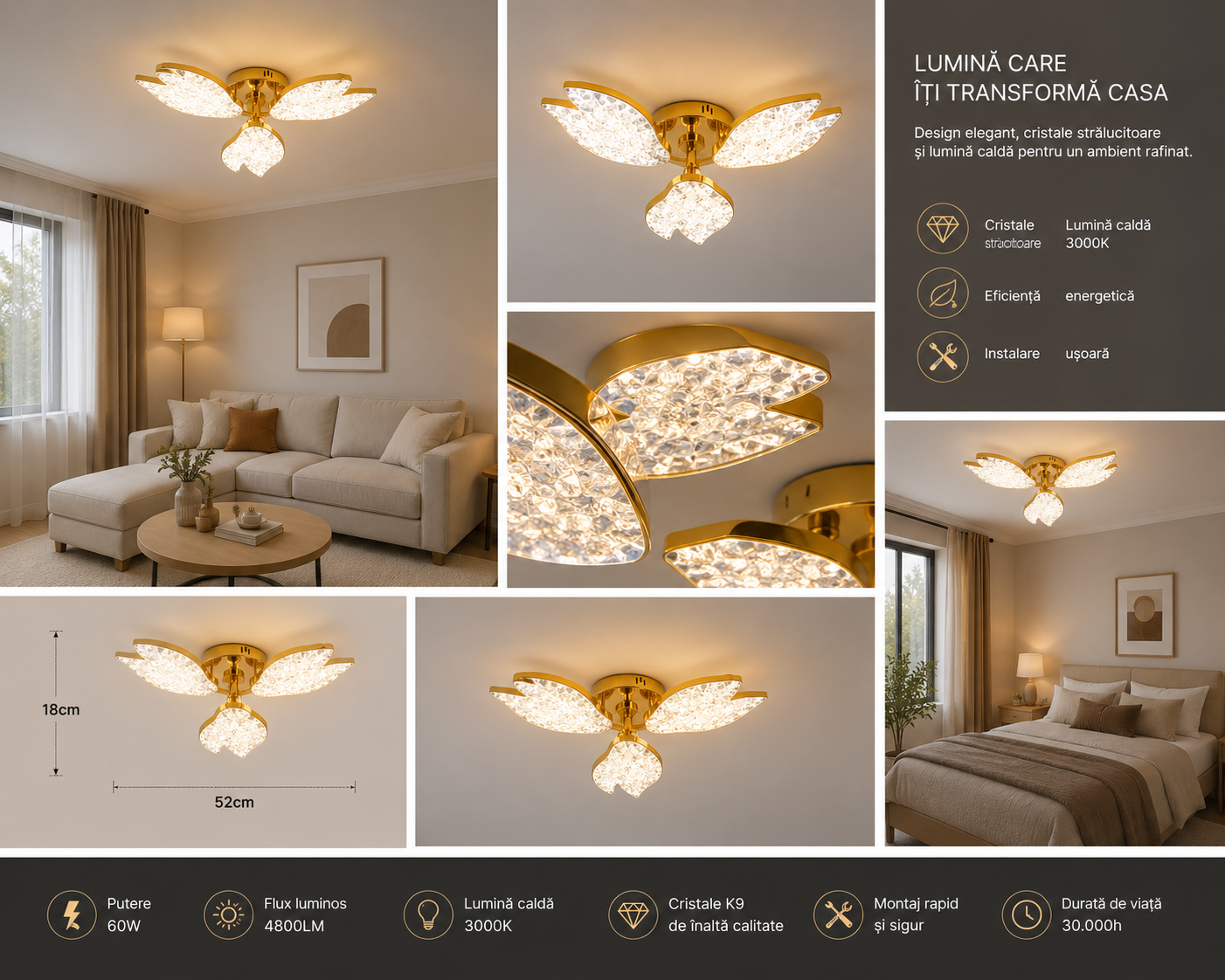 Lustra LED moderna cu 3 aripi acrilice, 60W, dimabilă cu telecomandă, Ø54 cm, model 9141/3 FGD