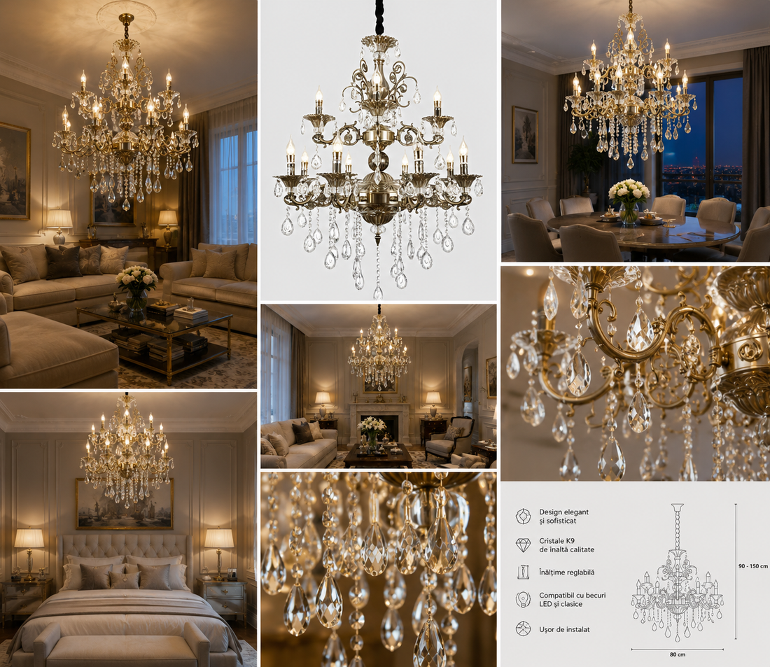 Candelabru Cu Cristale,12xE14 Clasic Cromat Pe Doua Nivele 2260/8+4