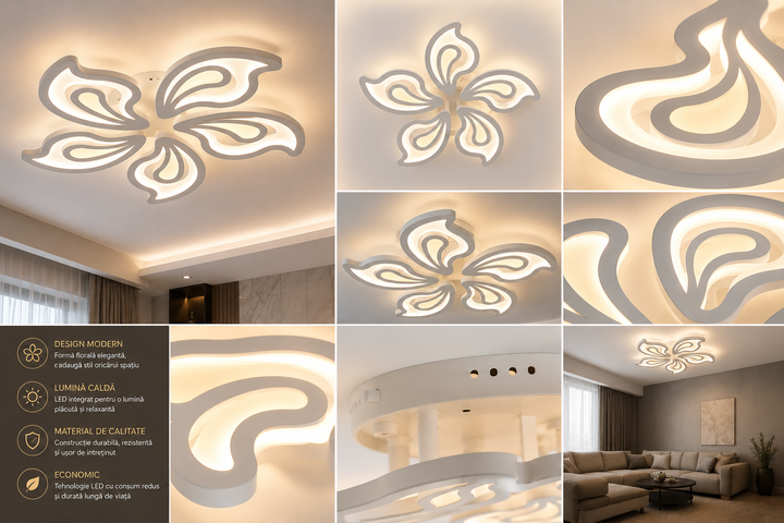 Lustră LED cu design floral, 150W, Ø690×H80 mm, lumină reglabilă 3000K–6500K, telecomandă inclusă, finisaj negru