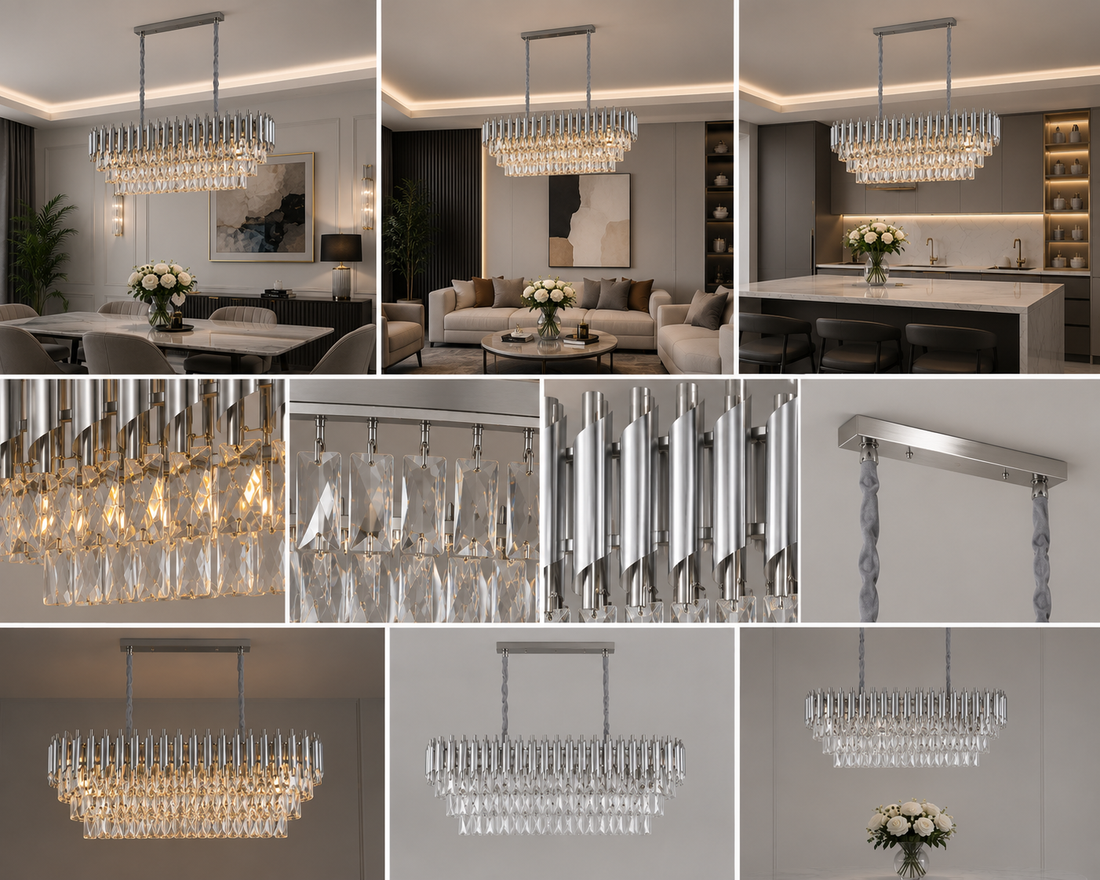 Candelabru rectangular 9001/800+300 CH, 8 x E27, dimensiuni 80×30 cm, finisaj argintiu și cristale