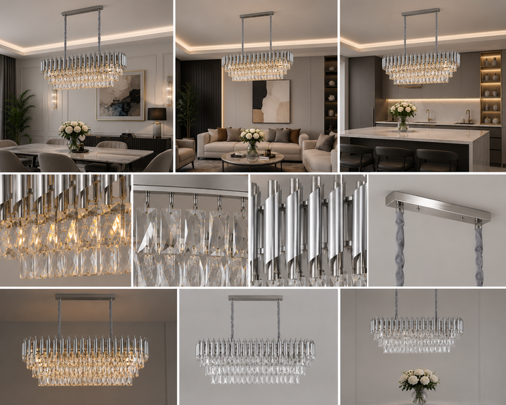 Candelabru rectangular 9001/800+300 CH, 8 x E27, dimensiuni 80×30 cm, finisaj argintiu și cristale