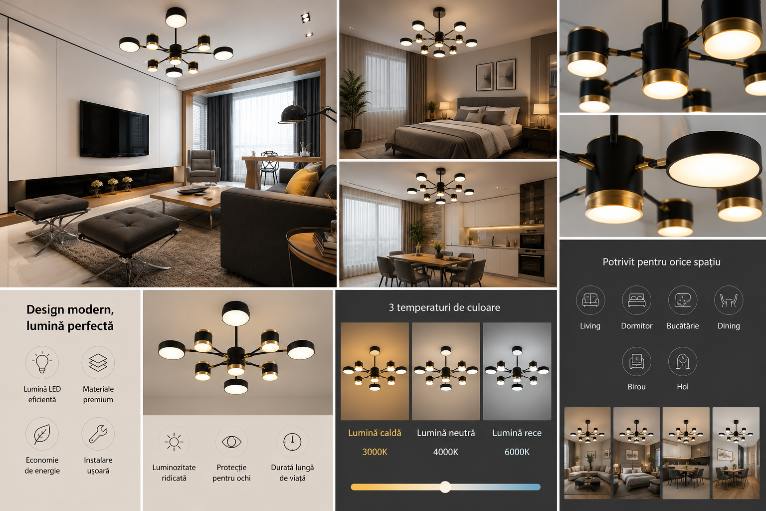 Lustră LED cu proiecție stelară, 162W, Ø900×H450 mm, lumină reglabilă 3000K–6500K, telecomandă inclusă