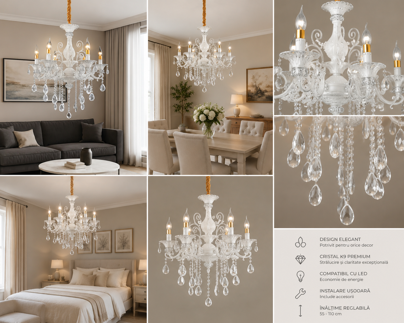 Candelabru Clasic cu Cristale, 6×E14, Ø65 cm, Finisaj Argintiu Elegant 2277/6