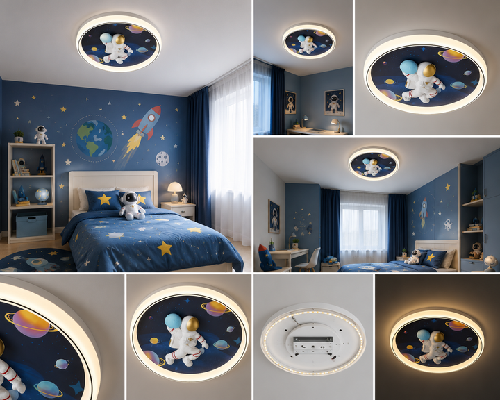 Plafonieră LED copii cu astronaut 3D și telecomandă, 96W, lumină reglabilă 3000–6500K – model 26197 BLU+BK