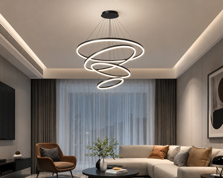 Pendul LED cu telecomandă, 220W, lumină reglabilă 2800K–6500K, Ø800×H1200 mm, design pe mai multe nivele, finisaj negru