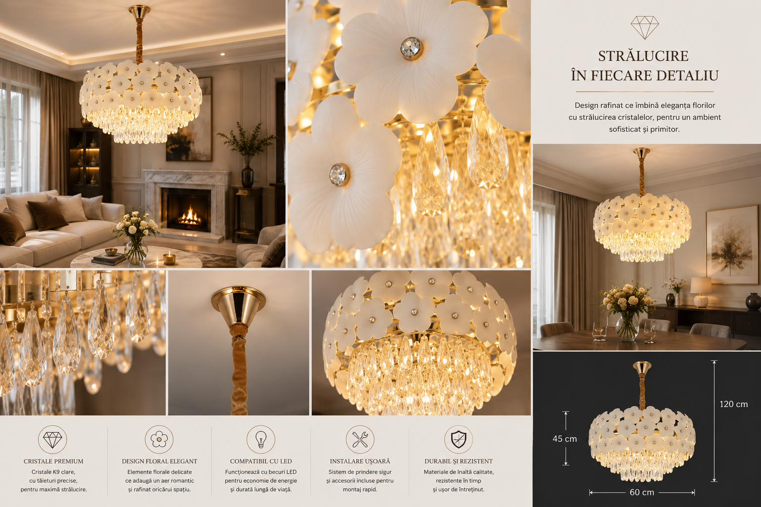 Candelabru elegant cu flori decorative, 10 becuri E27, Ø600×H320 mm – model 70057/600 FGD