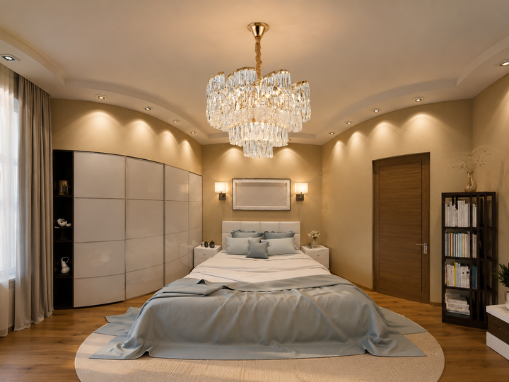 Candelabru cu cristale fațetate, 6 becuri E27, Ø400×H380 mm, finisaj auriu, design în cascadă