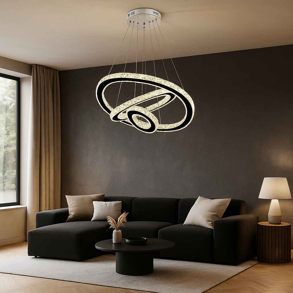 Candelabru LED cu 3 Inele Suspendate – 3×58W, Ø55 cm, cu Telecomanda si Culoare Reglabila