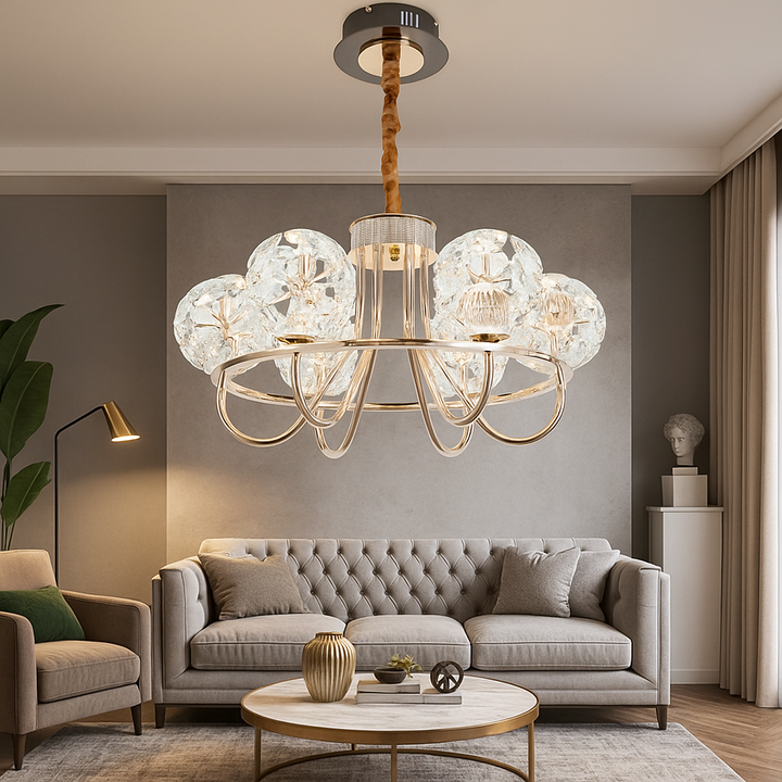 Candelabru Modern Auriu cu 6 Globuri – LED 96W, L70 cm, Stil Elegant și Luminos