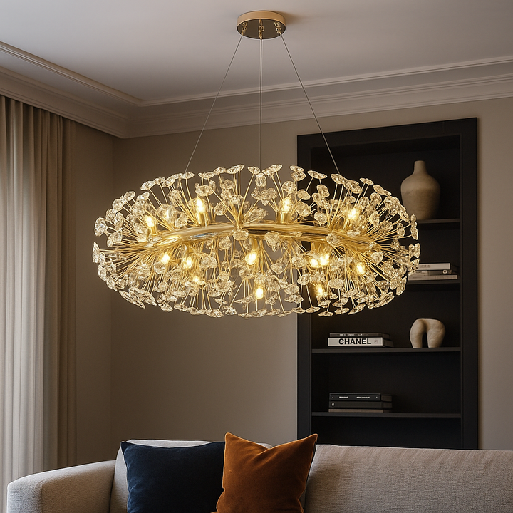 Candelabru cu led Suspendat Auriu cu Cristale – Ø600 mm, 12xG9, Design Luxos