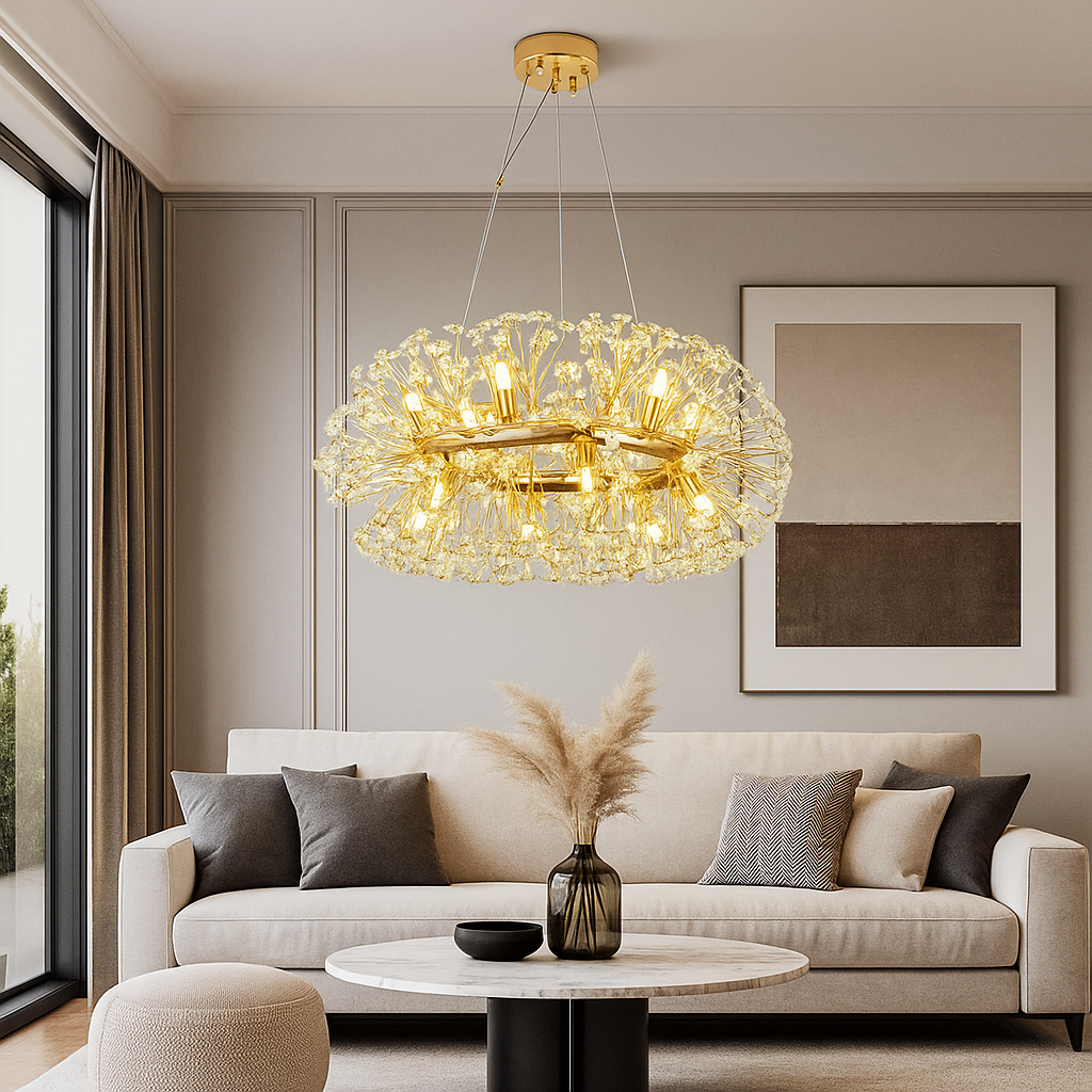 Candelabru cu led Suspendat Auriu cu Cristale – Ø600 mm, 12xG9, Design Luxos