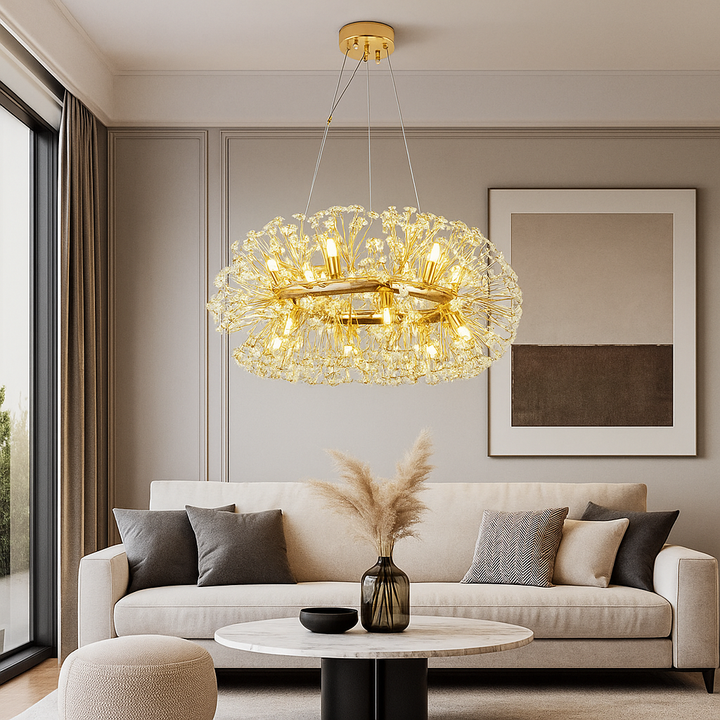 Candelabru cu led Suspendat Auriu cu Cristale – Ø600 mm, 12xG9, Design Luxos