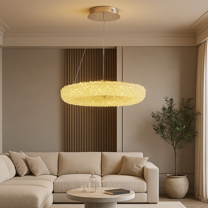 Candelabru LED Modern Auriu – Ø500 mm, 88W, Design Circular cu Cristale