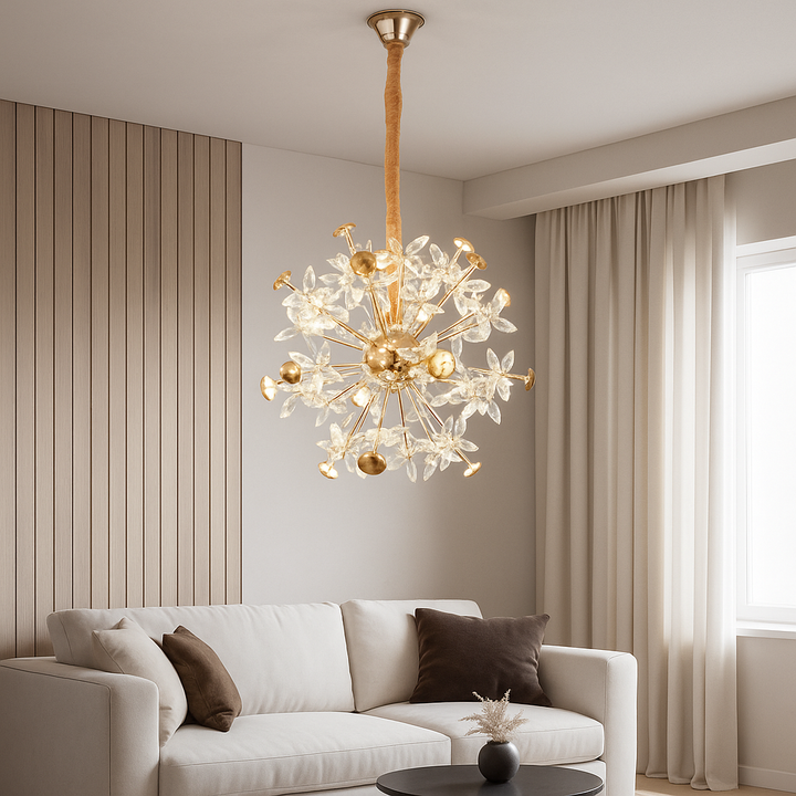 Candelabru Modern Auriu, Ø500 mm, 18 becuri G4, Design Floral