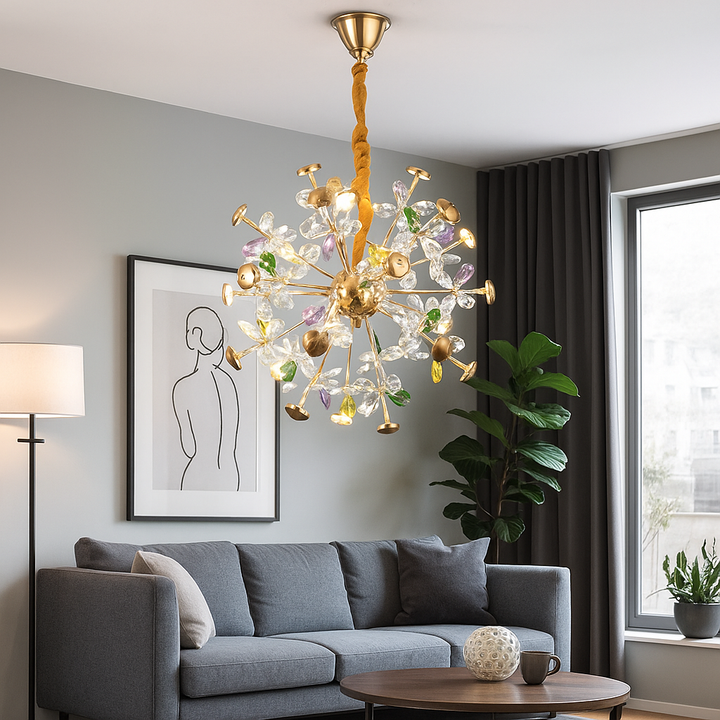 Candelabru Modern Auriu cu Accente Multicolore – Ø500 mm, 24 becuri G4