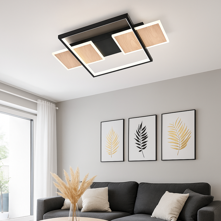 Lustra LED 9425/3 – Design Negru cu Accente de Lemn Natural