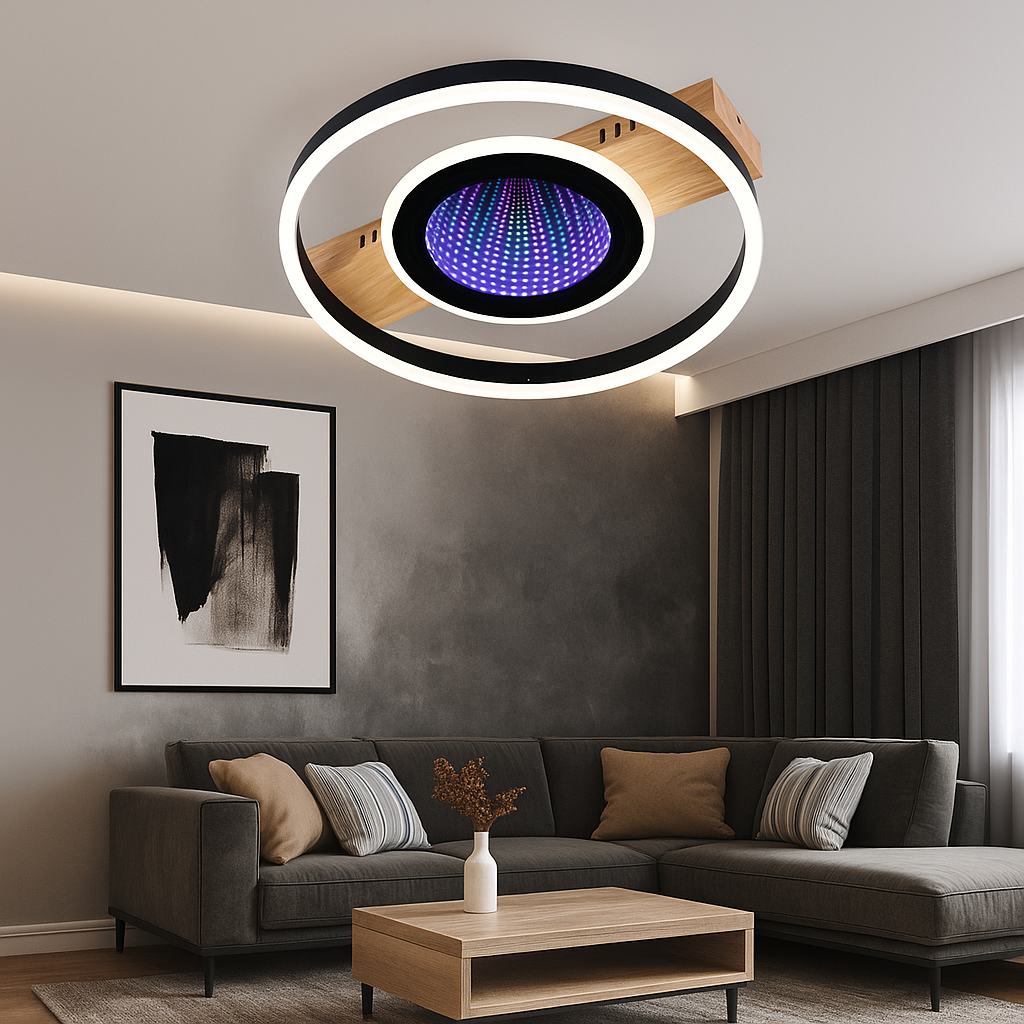 Lustra LED Rotundă cu Design Lemn 9427/400 – Iluminat Modern cu RGB și Telecomandă