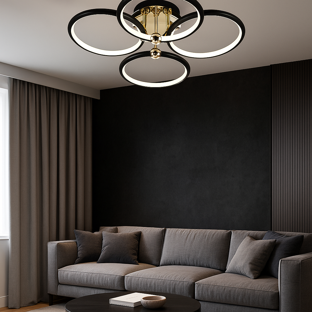 Lustra LED 104W cu telecomandă, D560×H160 mm, lumină reglabilă 3000–6500K – model 9708/4BK+FGD