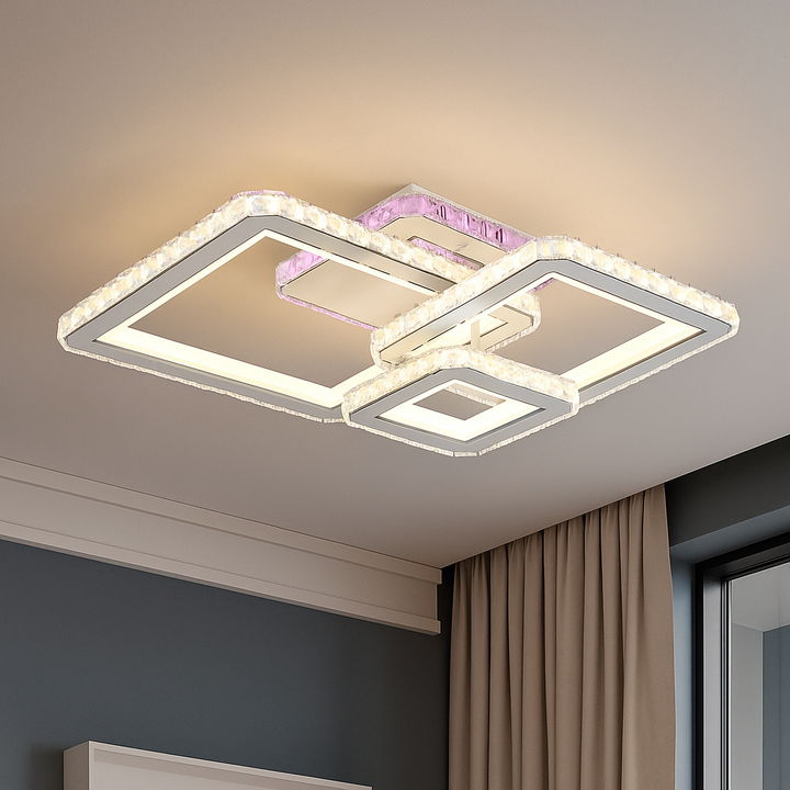 Lustra LED moderna alba și crom cu cristale patrate, montata pe tavan in living
