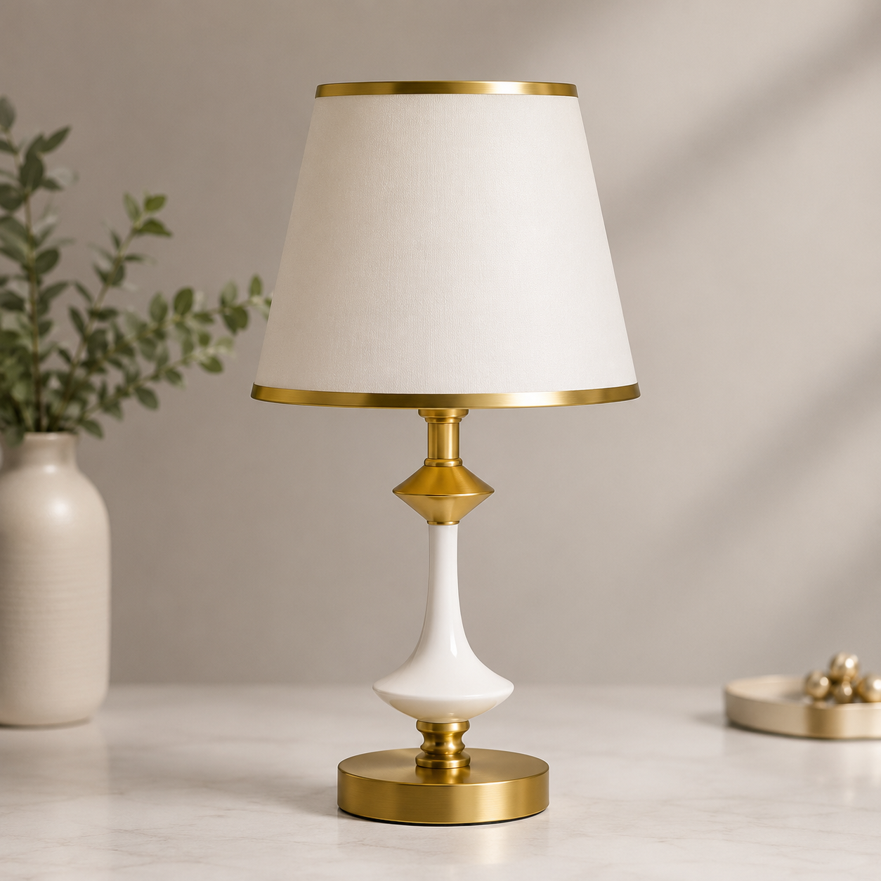 Veioza de Masă Albă cu Accente Aurii, H45 cm – Model 8619, Design Modern și Elegant