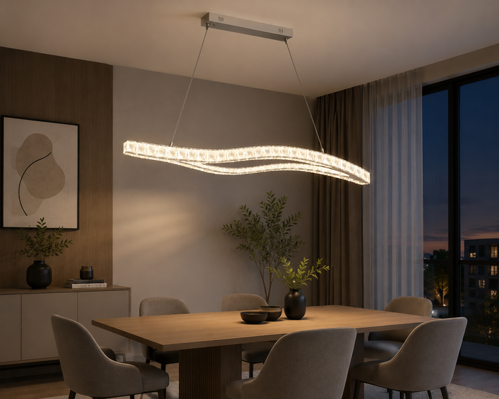 Pendul LED cu cristale, design ondulat dublu, 120W, 910×310×1500 mm, lumina reglabila 3000K–6500K, telecomanda inclusa