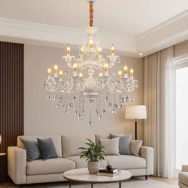 Candelabru cu Cristale, 12×E14, Ø78 cm, Design Clasic Argintiu pe Două Nivele