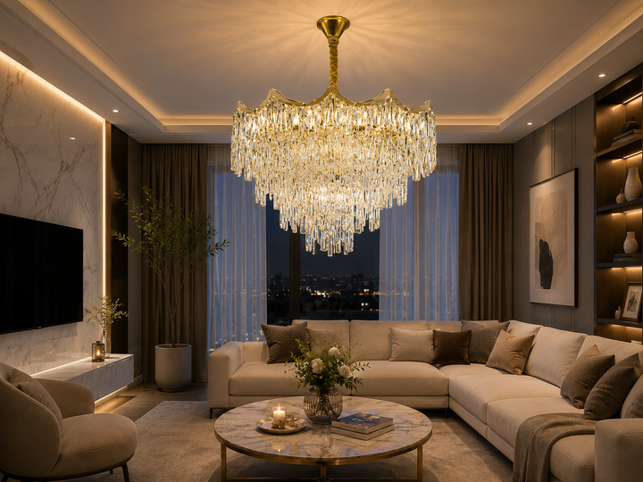 Candelabru Auriu cu Cristale – 20×E27, Ø78 cm, Impunător și Strălucitor