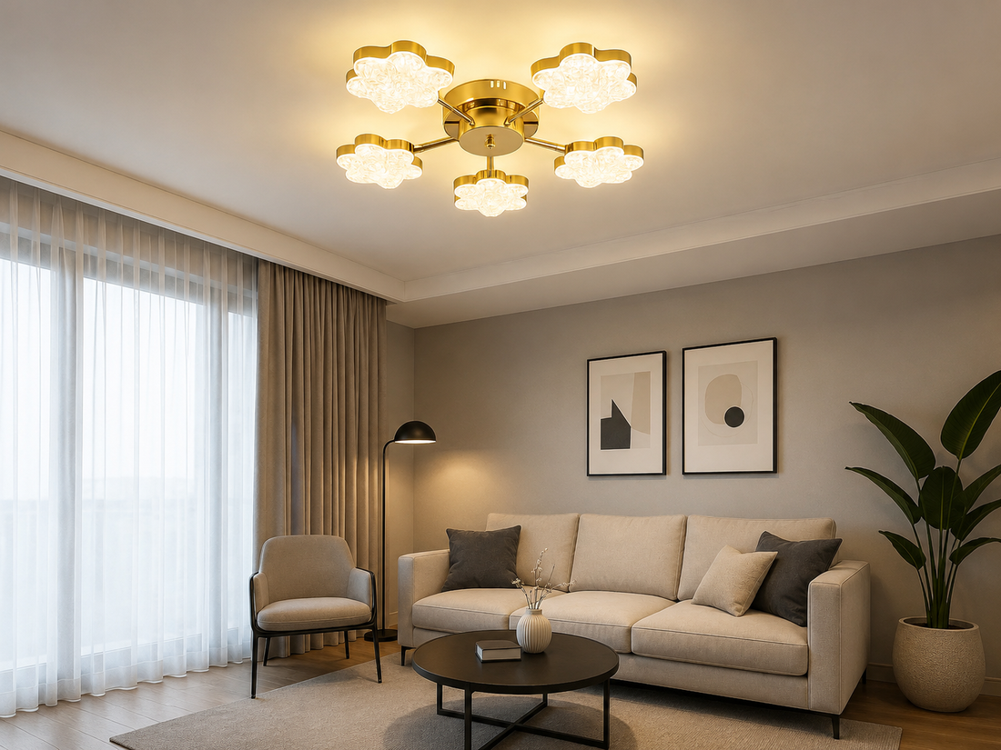 Lustră LED Florală din Cristal, 80W, Temperatură Reglabilă 3000–6500K, cu Telecomandă – 5 Brațe Aurii