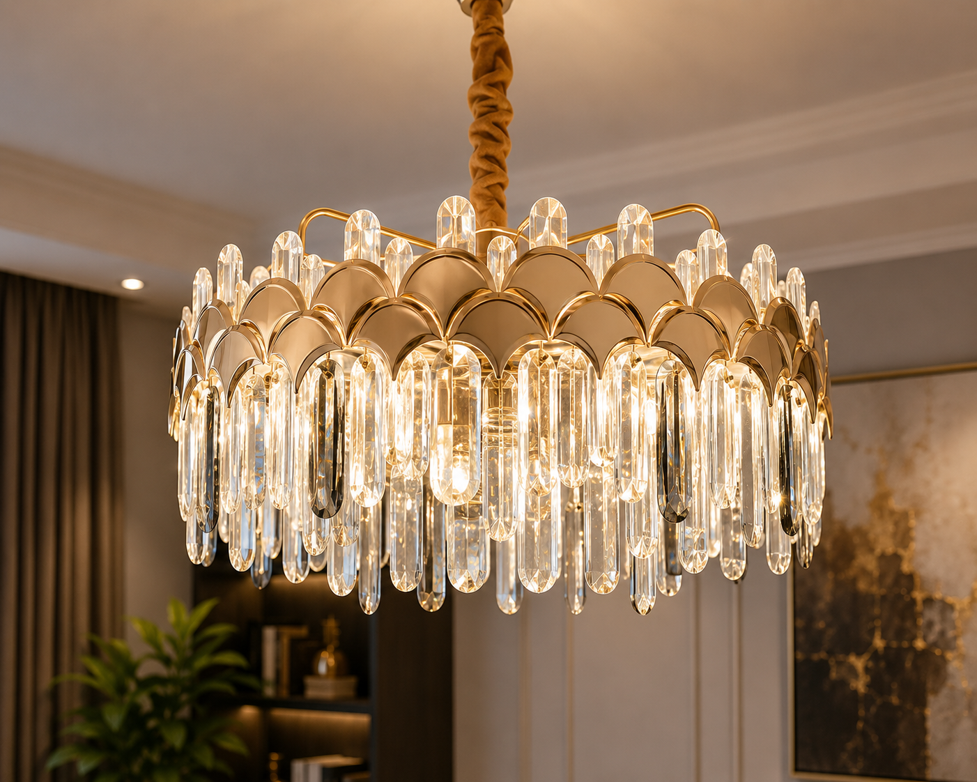 Candelabru Ø480×H285 mm, LED 188W, cristale verticale și cadru auriu decorativ 98093/500