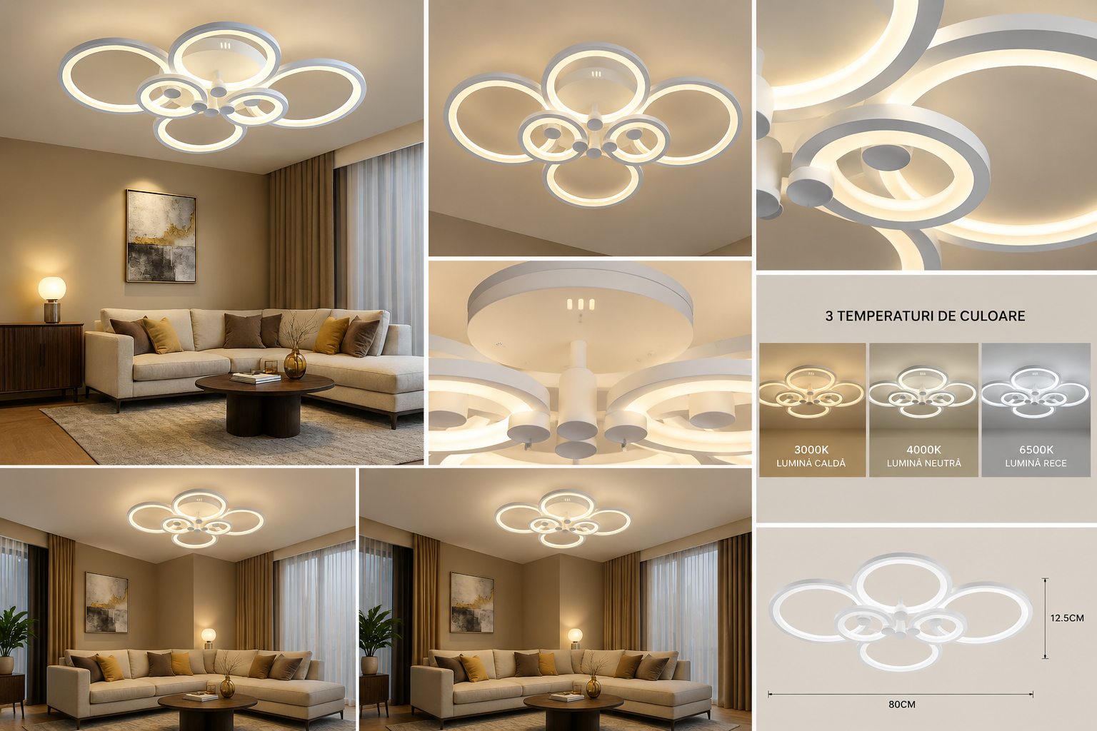 Lustra LED cu telecomanda, 188W, 3000–6500K, Alb, 8067/4+2WH