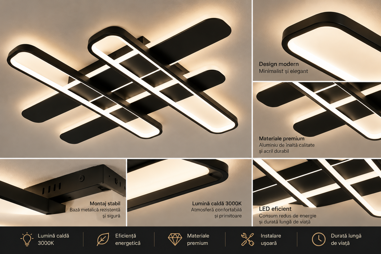 Lustră LED modernă 156W cu telecomandă, design geometric negru – 8753/4BK