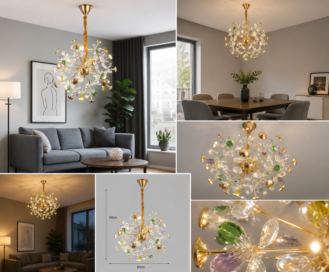 Candelabru Modern Auriu cu Accente Multicolore – Ø500 mm, 24 becuri G4