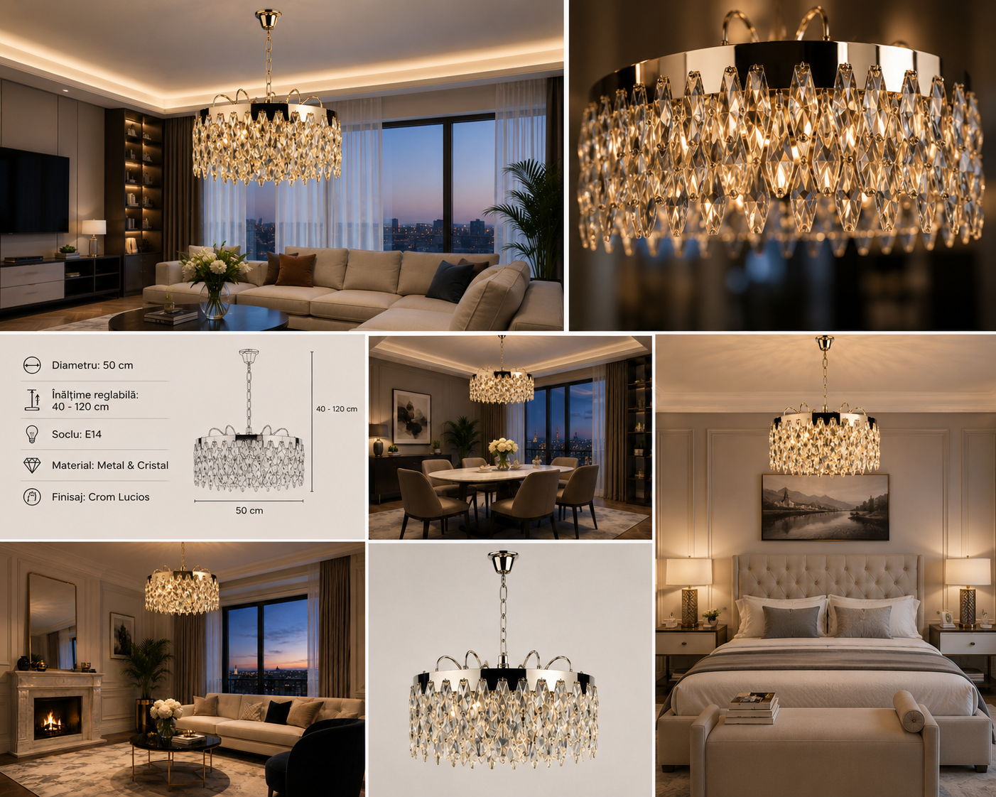 Candelabru elegant cu cristale decorative, structură cromată, montaj suspendat, 8 surse E27,400cm