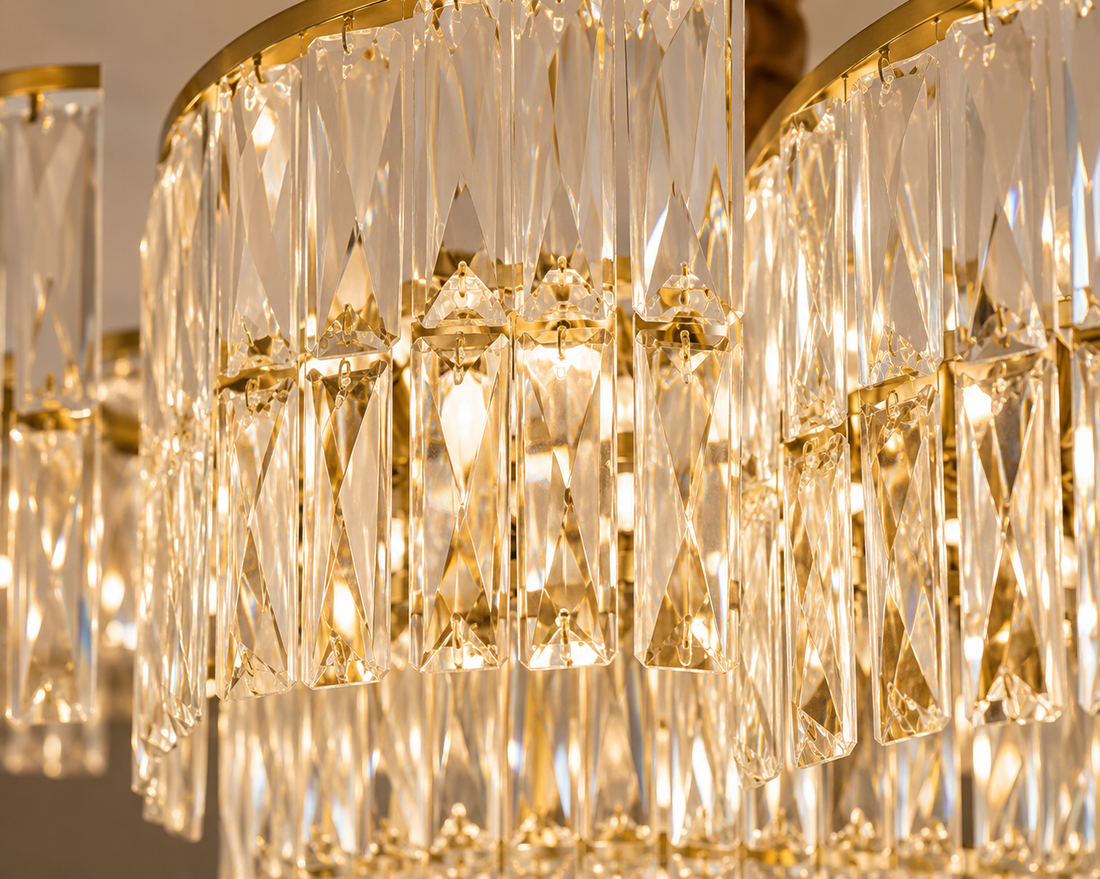 Candelabru de lux cu cristale, 18 becuri E27, Ø780×H510 mm, finisaj auriu, design stratificat