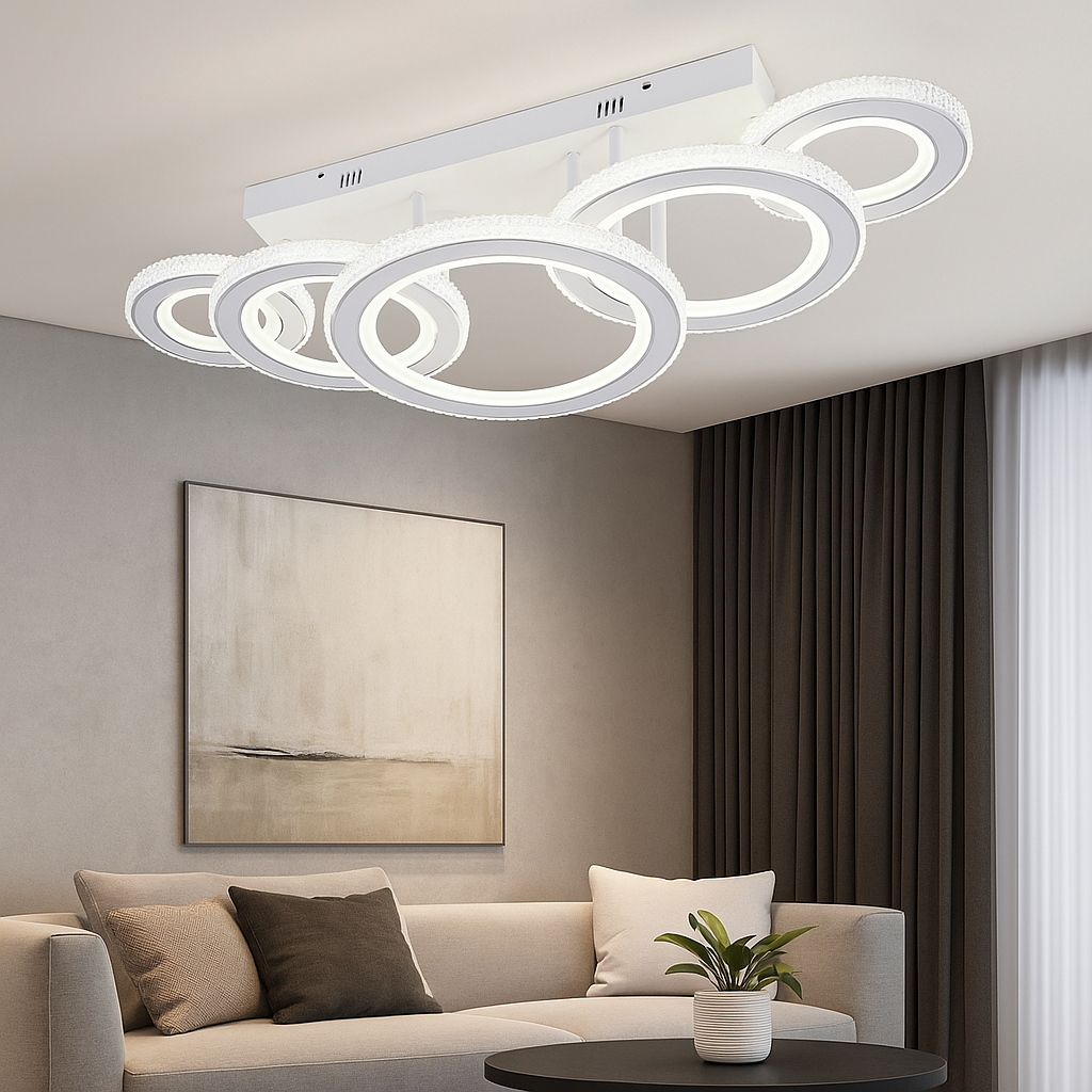 Lustră LED modernă cu cristale,178W, dimabilă cu telecomandă, lumină caldă-neutră-rece, Alb & Crom – Model 26032/1+2+2