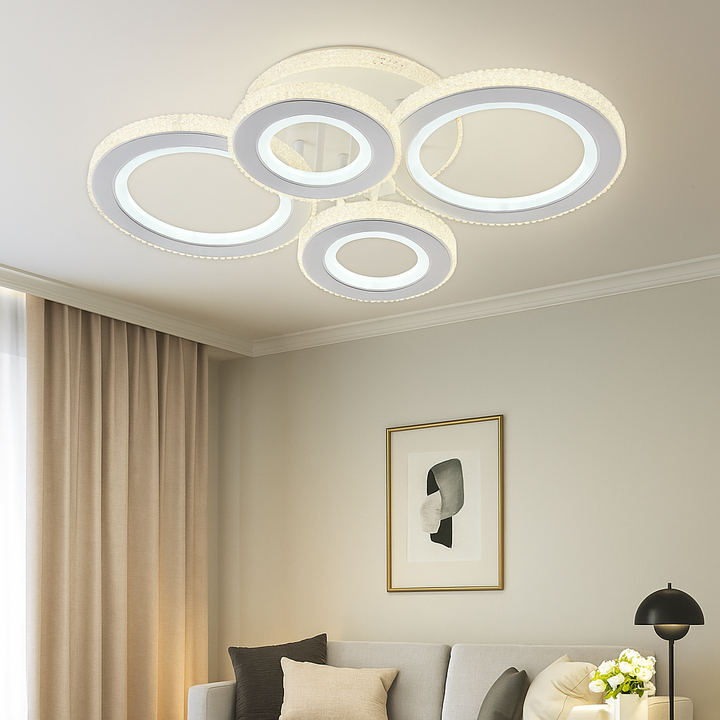 Lustră LED cu cristale, 150W, dimabilă cu telecomandă, lumină caldă-neutră-rece, Alb/Crom – Model 26032/2+2C