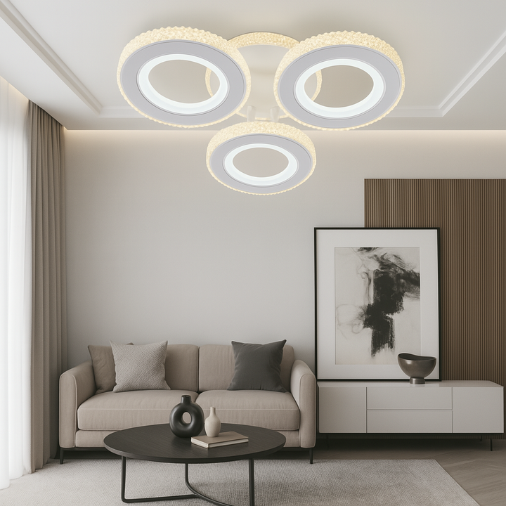 Lustra LED moderna cu cristale, 94W, 3 trepte lumină, telecomandă, Alb/Crom – Model 26032/3C