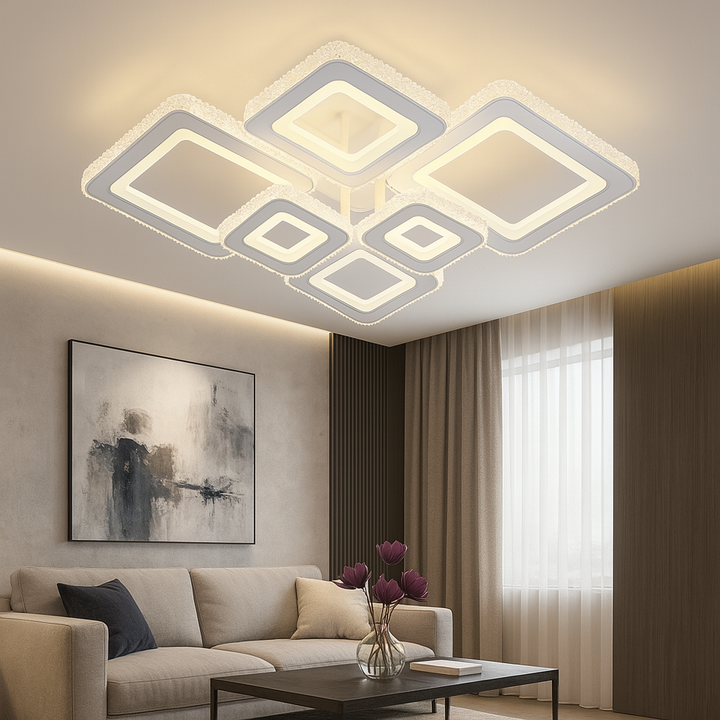 Lustra LED, 240W cu Telecomandă – 3 Trepte de Lumină, Alb & Crom, 730×510 mm