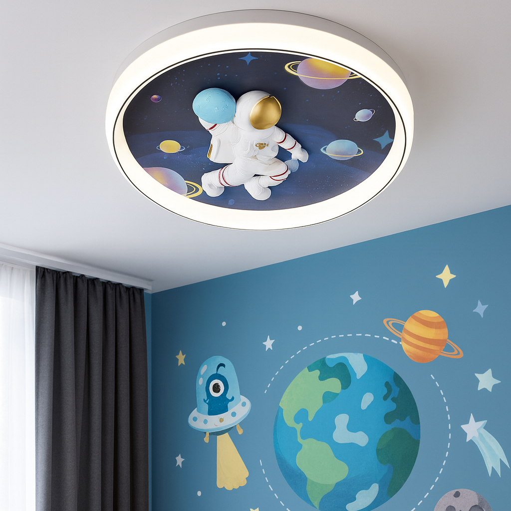Plafonieră LED copii cu astronaut 3D și telecomandă, 96W, lumină reglabilă 3000–6500K – model 26197 BLU+BK